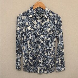 Lauren Ralph Lauren Blue and White Paisley Button Down Shirt